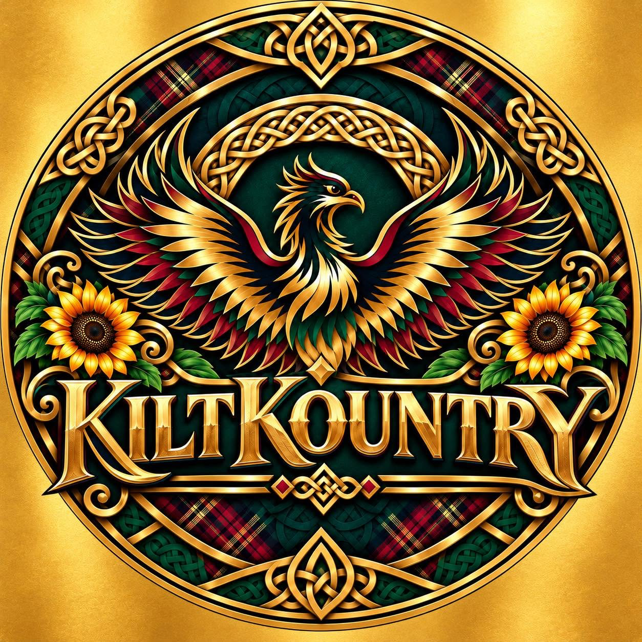 Kilt Kountry gold phoenix emblem with Celtic knotwork and tartan.