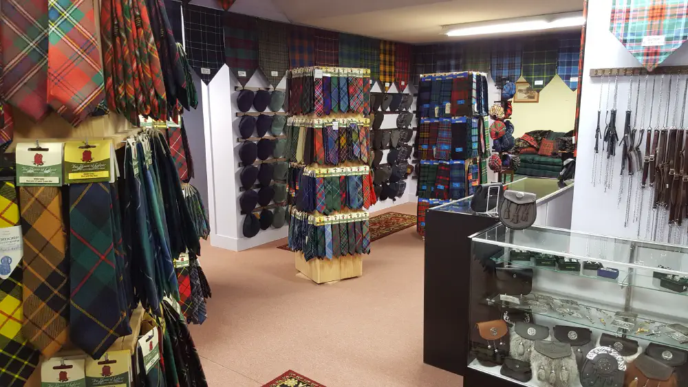 Tartan ties, Highland accessories, caps, and sporrans at Rablogan Castle of Scotland.
