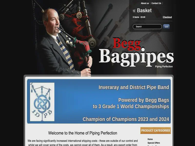 Website preview for www.beggbagpipes.com